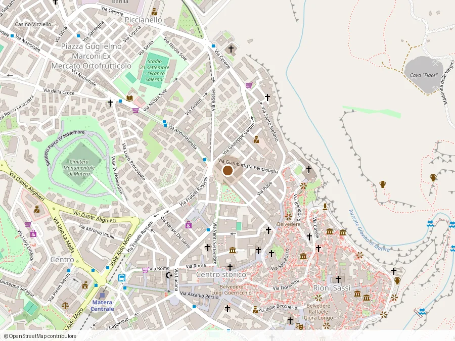 Mappa di Matera con la posizione del garage in Via Onofrio Tataranni 15, fra il centro storico e i Sassi